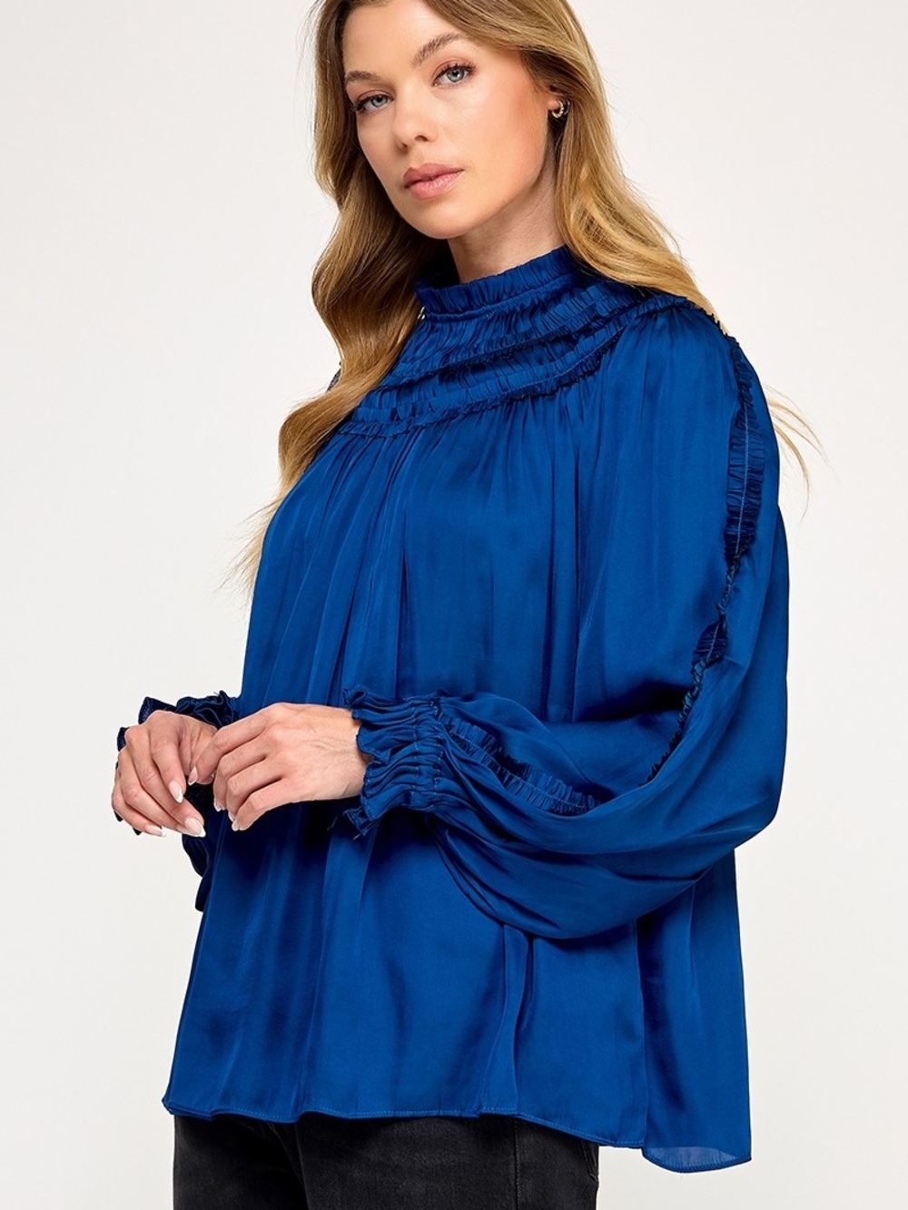 High-Neck Ruffle Long Sleeve Blouse in Royal Blue